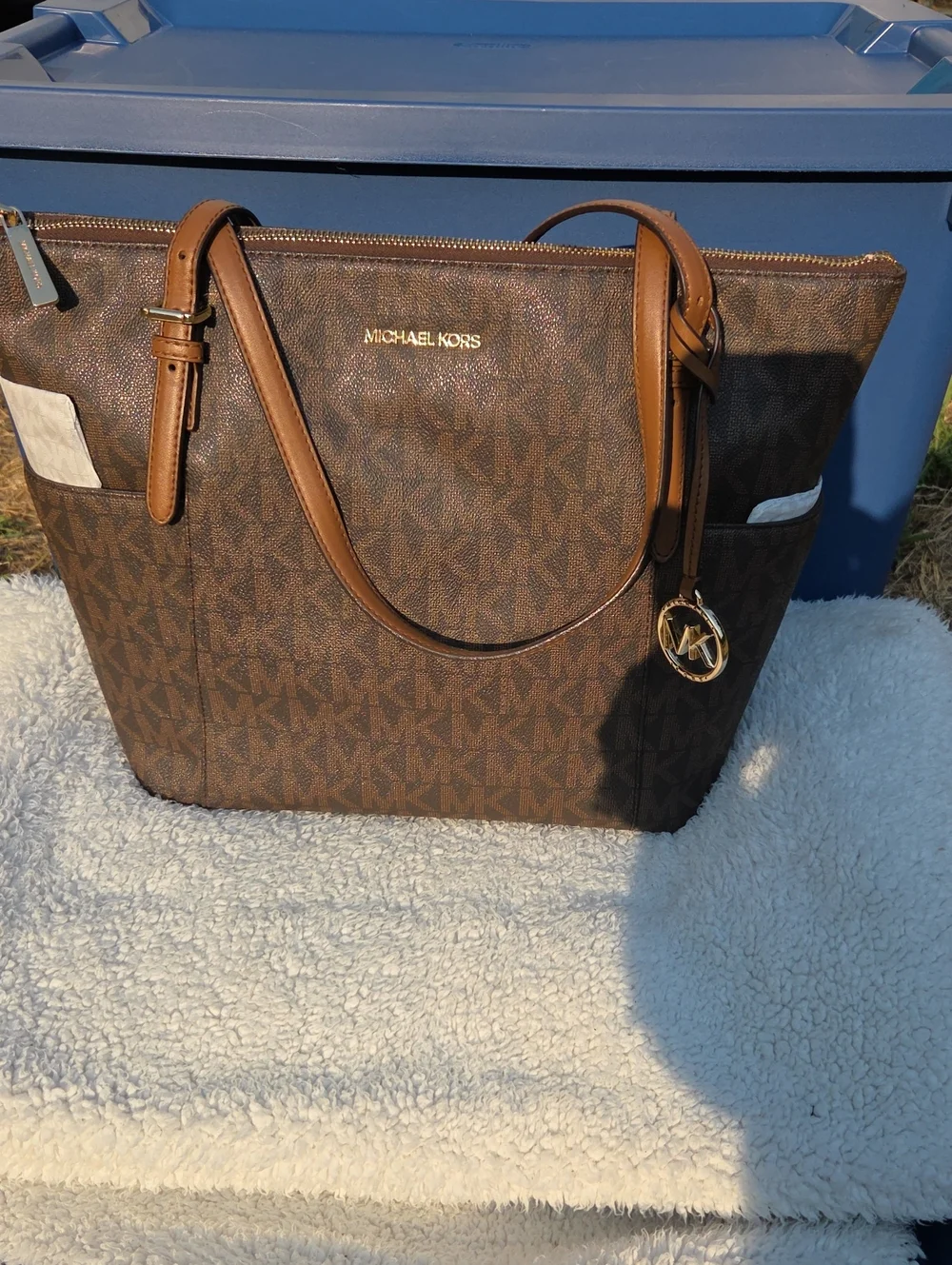 Michael Kors Brown MK Signature Tote with Gold Logo Charm